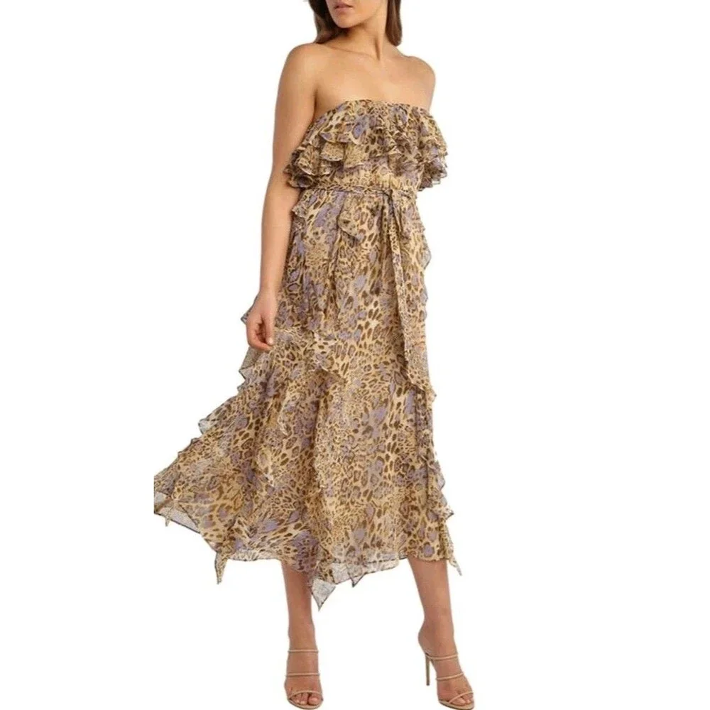Bardot Junior Girls 10 Midi Tiered Chiffon Dress Animal Print Ruffled Straps/Tie